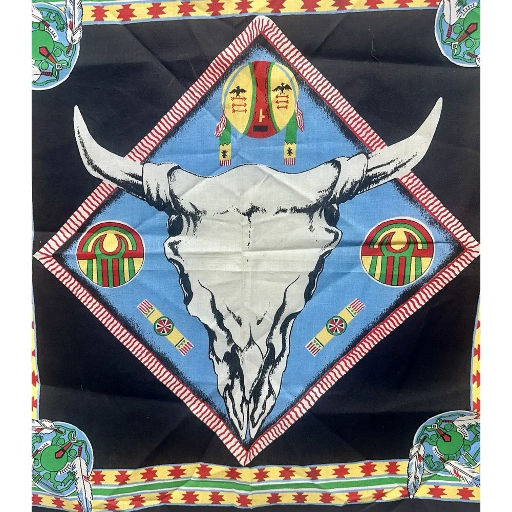 Vtg American Indian Steer Skull Black Western Bandana Decor Made‎ In USA 16463